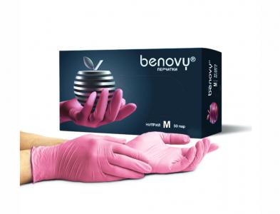 Перчатки нитриловые BENOVY розовые М (100шт) Китай